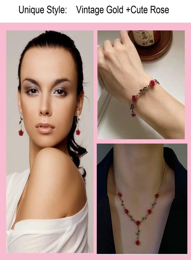 ALAIX 14K Gold Plated Necklaces for Women Dainty Long Rose Pendant Gold Necklace for Girls Vintage Red Flower Women' Necklace Pendant Necklace Earring Bracelet Sets - Image 5